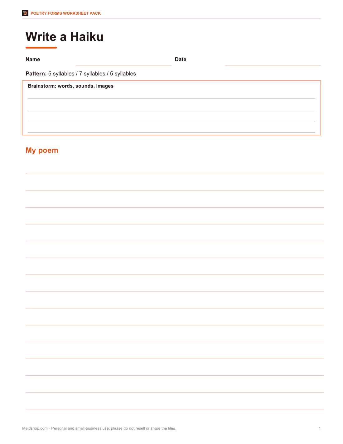 Preview of the first page of Haiku worksheet (PDF/DOCX)