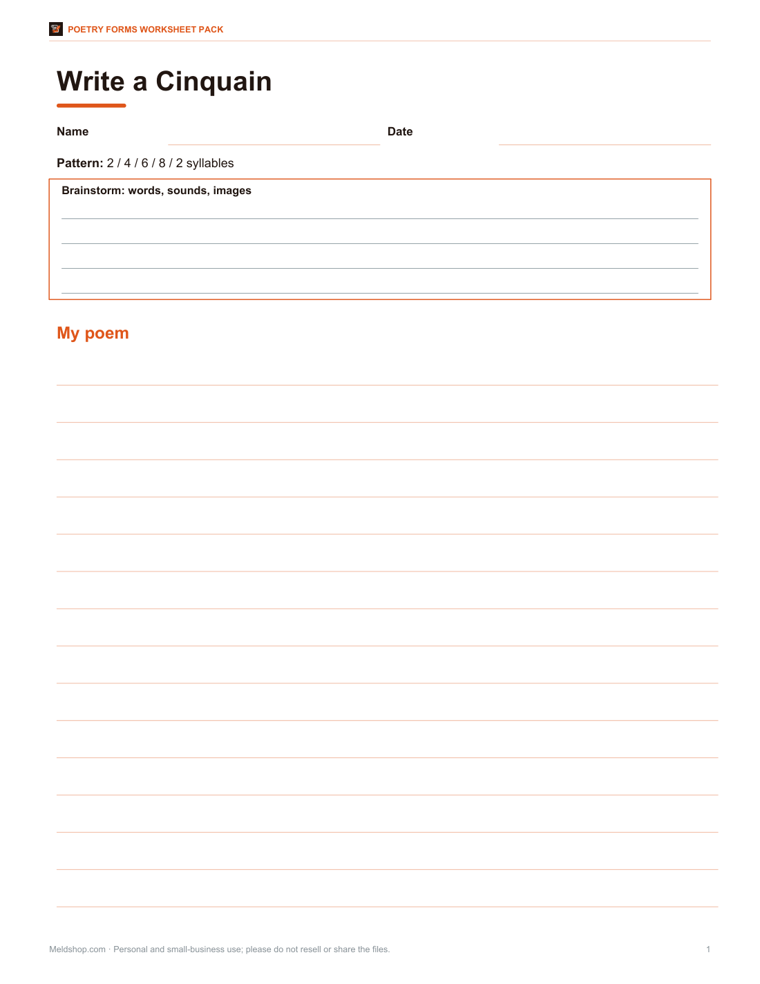 Preview of the first page of Cinquain worksheet (PDF/DOCX)